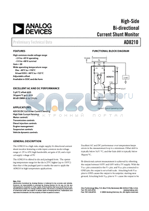AD8210 datasheet - High-Side Bi-directional Current Shunt Monitor