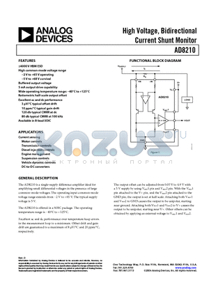 AD8210 datasheet - High Voltage, Bidirectional Current Shunt Monitor