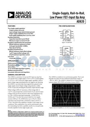 AD820ARZ-REEL7 datasheet - Single-Supply, Rail-to-Rail, Low Power FET-Input Op Amp