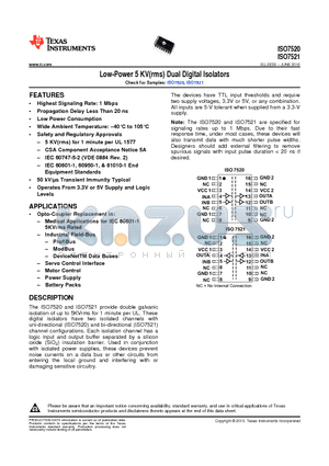 ISO7520CDWR datasheet - Low-Power 5 KV(rms) Dual Digital Isolators