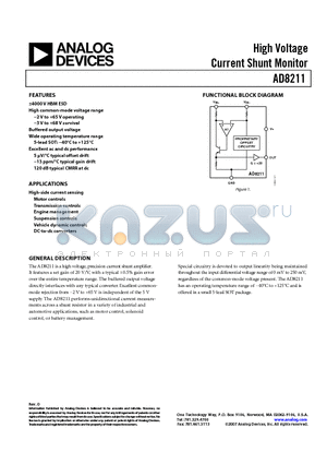 AD8211 datasheet - High Voltage Current Shunt Monitor