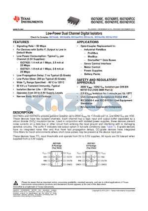 ISO7421FCC datasheet - Low-Power Dual Channel Digital Isolators