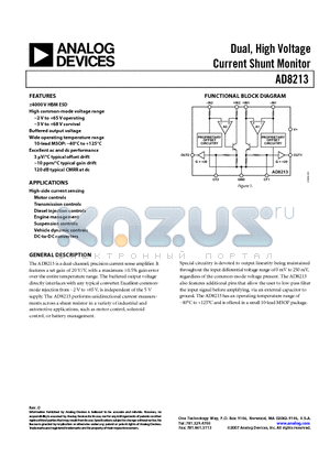 AD8213YRMZ-RL datasheet - Dual, High Voltage Current Shunt Monitor
