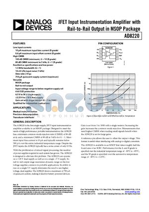 AD8220ARMZ datasheet - JFET Input Instrumentation Amplifier with Rail-to-Rail Output in MSOP Package