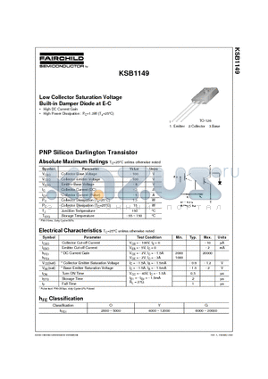 KSB1149 datasheet - Low Collector Saturation Voltage Built-in Damper Diode at E-C