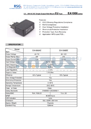 EA1006BE datasheet - 2.5 ~ 6W AC-DC Single Output Wall Mount EU Type