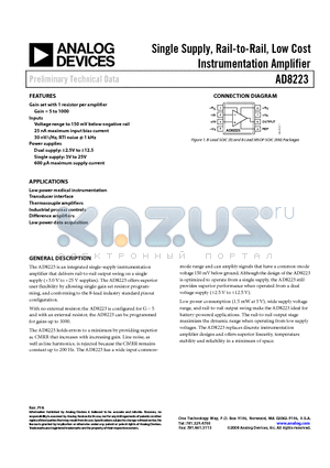 AD8223ARMZ-R7 datasheet - Single Supply, Rail-to-Rail, Low Cost Instrumentation Amplifier