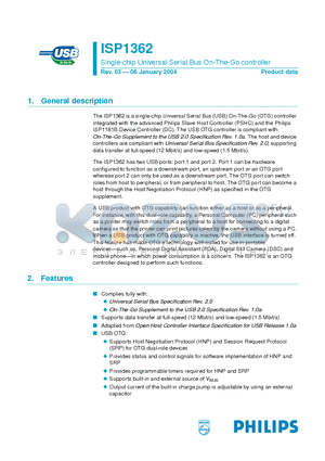 ISP1362EE datasheet - Single-chip Universal Serial Bus On-The-Go controller