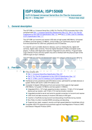 ISP1506B datasheet - ULPI Hi-Speed Universal Serial Bus On-The-Go transceiver