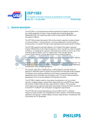 ISP1583 datasheet - Hi-Speed Universal Serial Bus peripheral controller