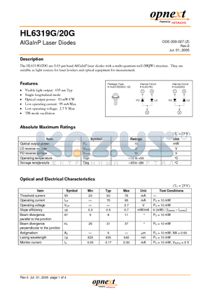 HL6319G datasheet - AlGaInP Laser Diodes