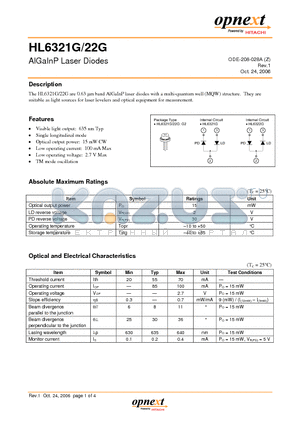 HL6322G datasheet - AlGaInP Laser Diodes