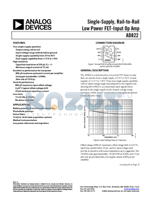 AD822ARMZ-REEL datasheet - Single-Supply, Rail-to-Rail Low Power FET-Input Op Amp