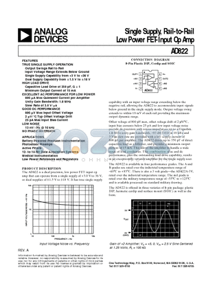 AD822AR-3V datasheet - Single Supply, Rail-to-Rail Low Power FET-Input Op Amp