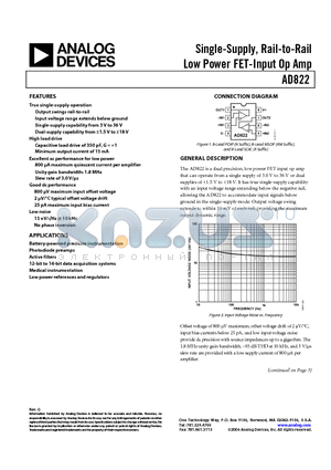 AD822AR-REEL datasheet - Single-Supply, Rail-to-Rail Low Power FET-Input Op Amp