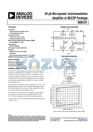 AD8235 datasheet - 40 lA Micropower Instrumentation Amplifier in WLCSP Package