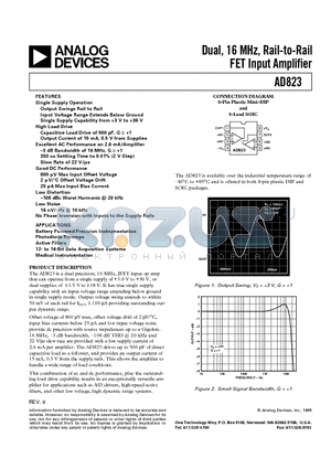AD823AN datasheet - Dual, 16 MHz, Rail-to-Rail FET Input Amplifier