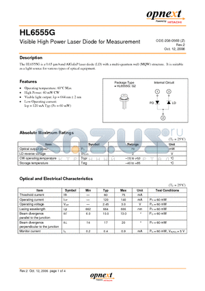 HL6555G datasheet - Visible High Power Laser Diode for Measurement