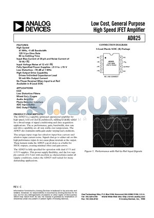 AD825 datasheet - Low Cost, General Purpose High Speed JFET Amplifier