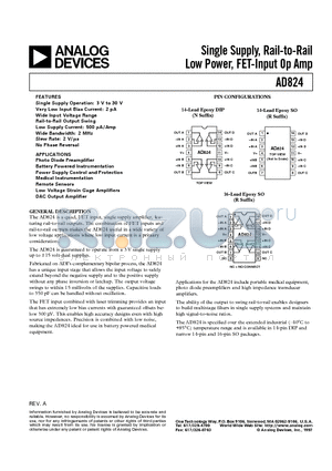 AD824AR-14 datasheet - Single Supply, Rail-to-Rail Low Power, FET-Input Op Amp