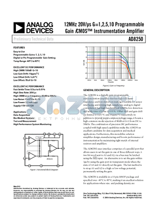 AD8250 datasheet - 12MHz 20V/us G=1,2,5,10 Programmable Gain iCMOS Instrumentation Amplifier