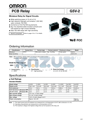 G5V-2-H1 datasheet - Miniature Relay for Signal Circuits