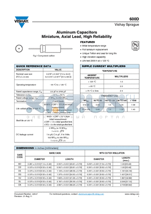 600D226F100DD4 datasheet - Aluminum Capacitors Miniature, Axial Lead, High Reliability