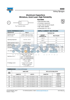 600D276F250DX4 datasheet - Aluminum Capacitors Miniature, Axial Lead, High Reliability