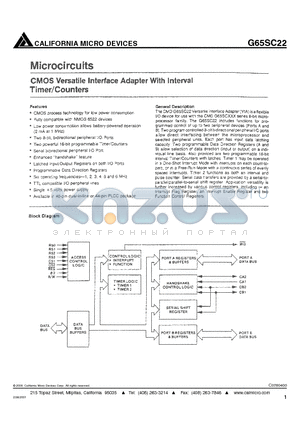 G65SC22-6 datasheet - CMOS VERSATILE INTERFACE ADAPTER WITH INTERVAL TIMER/COUNTERS