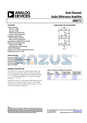 AD8273ARZ-RL datasheet - Dual-Channel, Audio Difference Amplifier