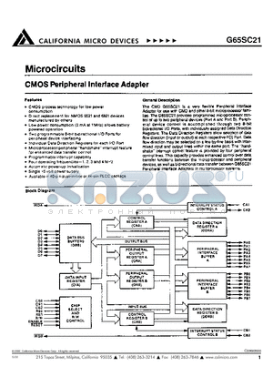 G65SC21 datasheet - CMOS Peripheral Interface Adapter