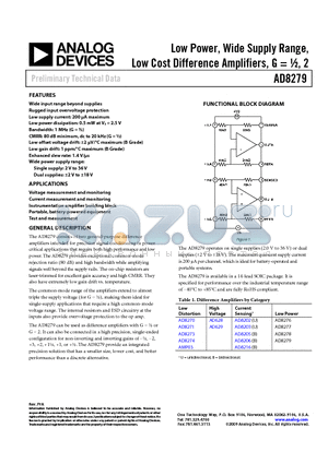 AD8279 datasheet - Low Power, Wide Supply Range, Low Cost Difference Amplifiers, G = m, 2