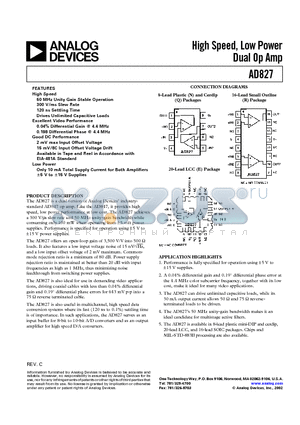 AD827JNZ datasheet - High Speed, Low Power Dual Op Amp