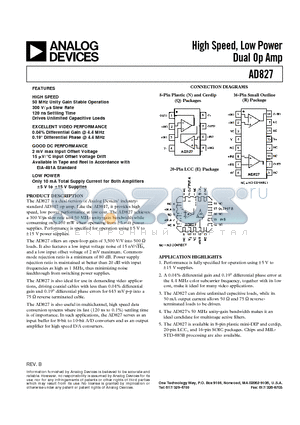 AD827JCHIPS datasheet - High Speed, Low Power Dual Op Amp