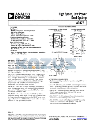 AD827JR-16 datasheet - High Speed, Low Power Dual Op Amp
