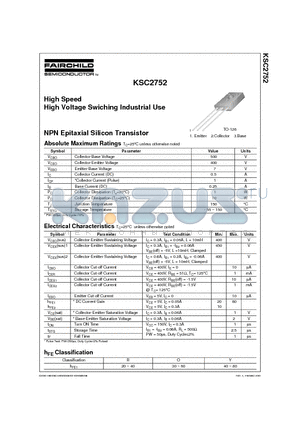 KSC2752 datasheet - High Speed High Voltage Swiching Industrial Use