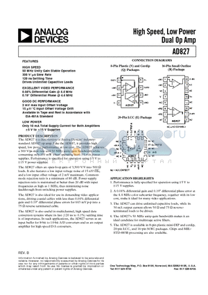 AD827JR-REEL datasheet - High Speed, Low Power Dual Op Amp