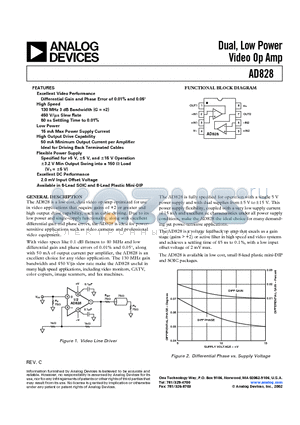 AD828AR-REEL7 datasheet - Dual, Low Power Video Op Amp