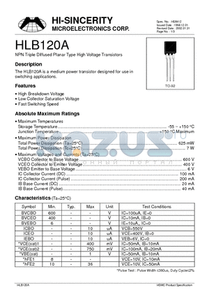 HLB120A datasheet - NPN Triple Diffused Planar Type High Voltage Transistors
