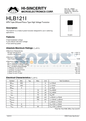 HLB121I datasheet - NPN TRIPLE DIFFUSED PLANAR TYPE HIGH VOLTAGE TRANSISTOR