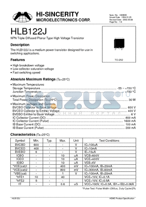 HLB122J datasheet - NPN Triple Diffused Planar Type High Voltage Transistor