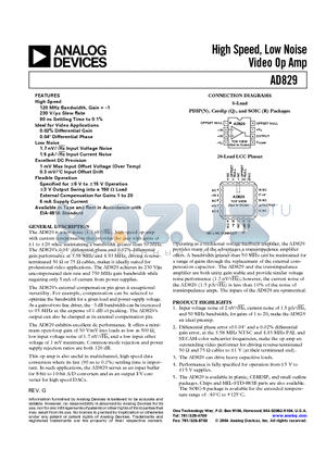 AD829JN datasheet - High Speed, Low Noise Video Op Amp