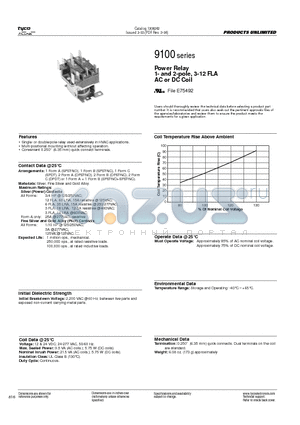 9100-291T999 datasheet - Power Relay 1- and 2-pole, 3-12 FLA AC or DC Coil