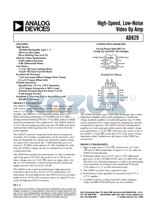 AD829SQ/883B datasheet - High-Speed, Low-Noise Video Op Amp