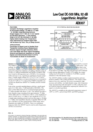 AD8307 datasheet - Low Cost DC-500 MHz, 92 dB Logarithmic Amplifier