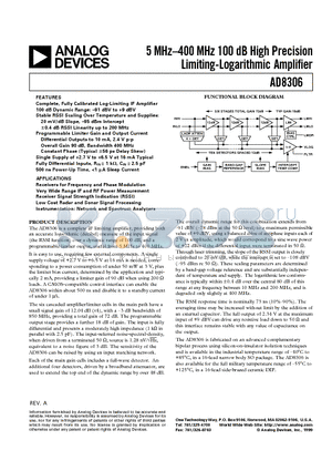 AD8306-EVAL datasheet - 5 MHz-400 MHz 100 dB High Precision Limiting-Logarithmic Amplifier