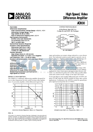 AD830AN datasheet - High Speed, Video Difference Amplifier