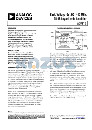 AD8310ARMZ-REEL71 datasheet - Fast, Voltage-Out DC-440 MHz, 95 dB Logarithmic Amplifier