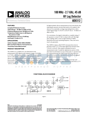 AD8312 datasheet - 100 MHz-2.7 GHz, 45 dB RF Log Detector