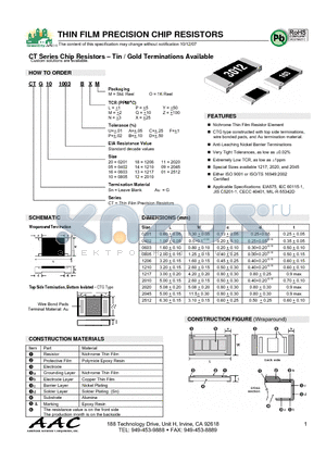 CT051003AYM datasheet - Chip Resistors - Tin / Gold Terminations Available
